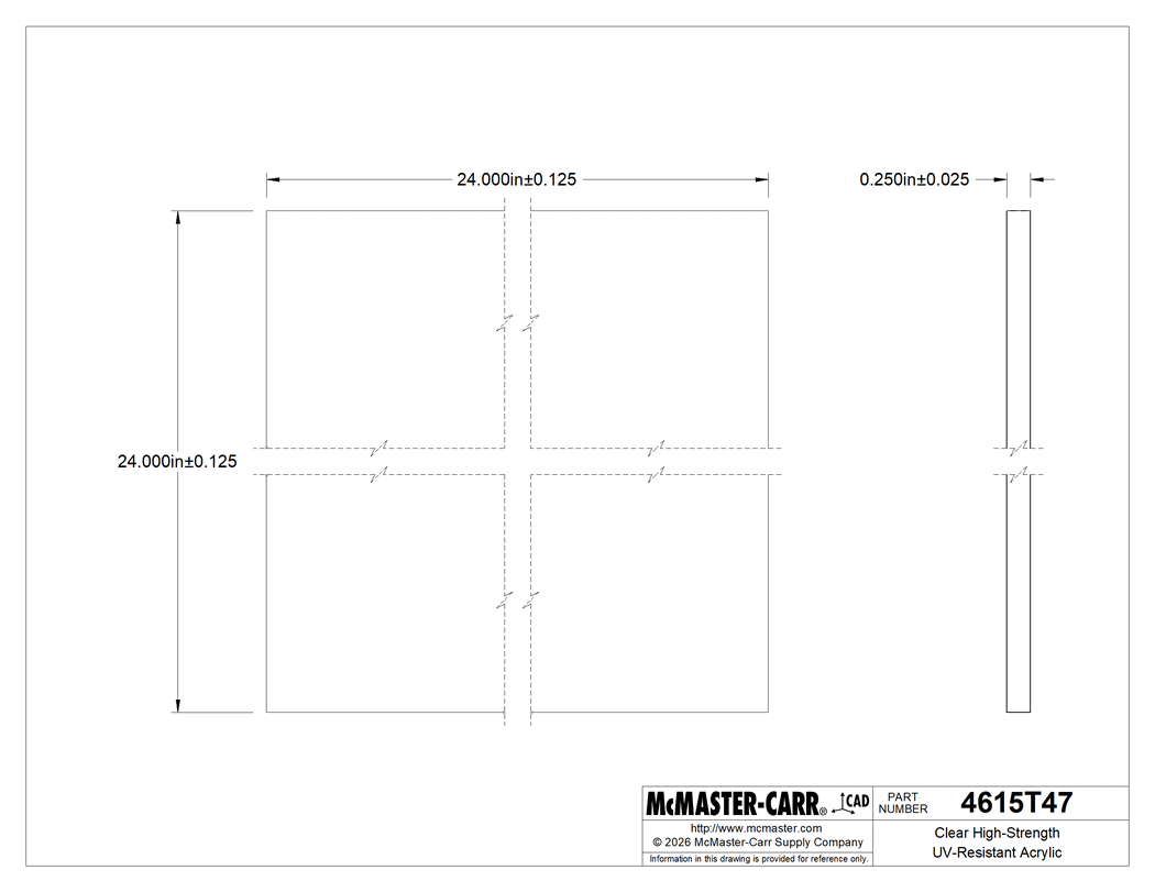 Technical Drawing of Clear High-Strength UV-Resistant Acrylic, 24" x 24" x 1/4".